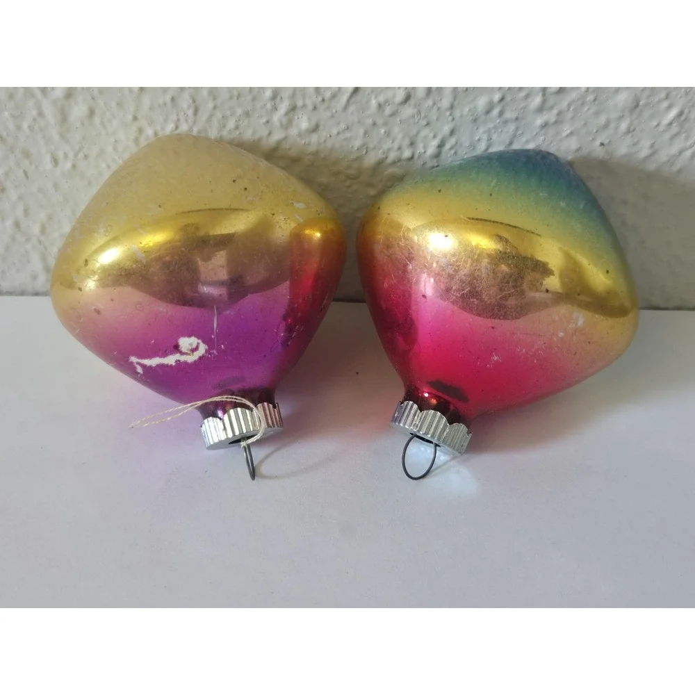 Lot Of 2 Vintage Shiny Brite Atomic Top UFO Ombre Christmas Ornaments Pink Gold